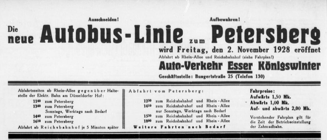 ANZEIGE (1. November 1928) Anzeige zur neuen Autobuslinie in der Lokalzeitung „Echo des Siebengebirges“ vom 1. November 1928.