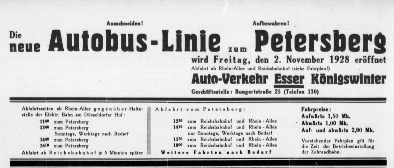 ANZEIGE (1. November 1928) Anzeige zur neuen Autobuslinie in der Lokalzeitung „Echo des Siebengebirges“ vom 1. November 1928.