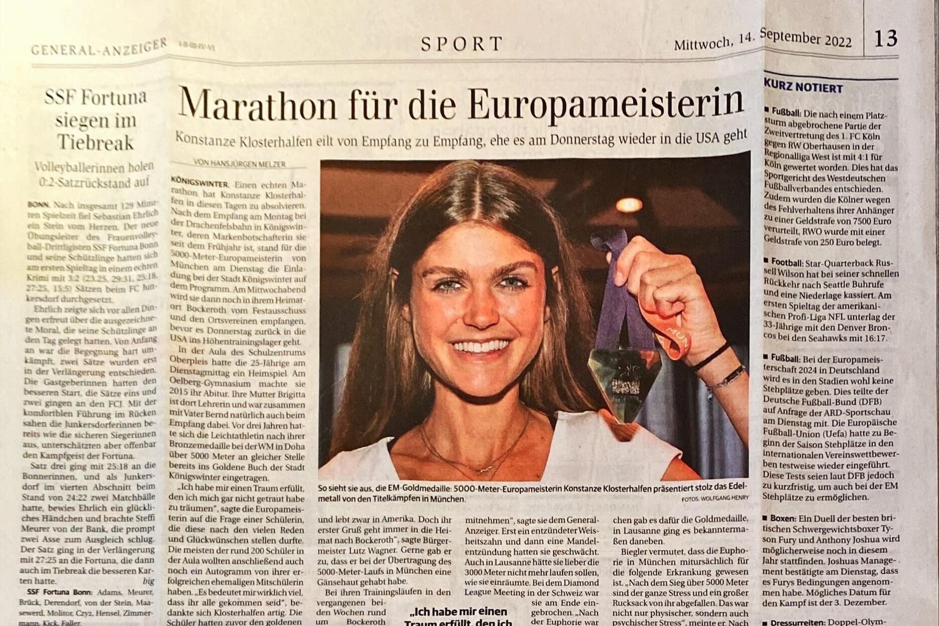 Zeitungsartikel zu Konstanze Klosterhalfen zur Europameisterin