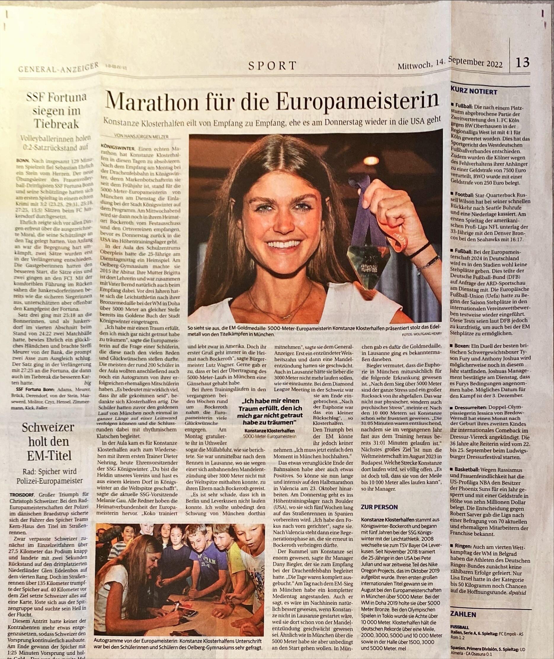 Zeitungsartikel zu Konstanze Klosterhalfen zur Europameisterin
