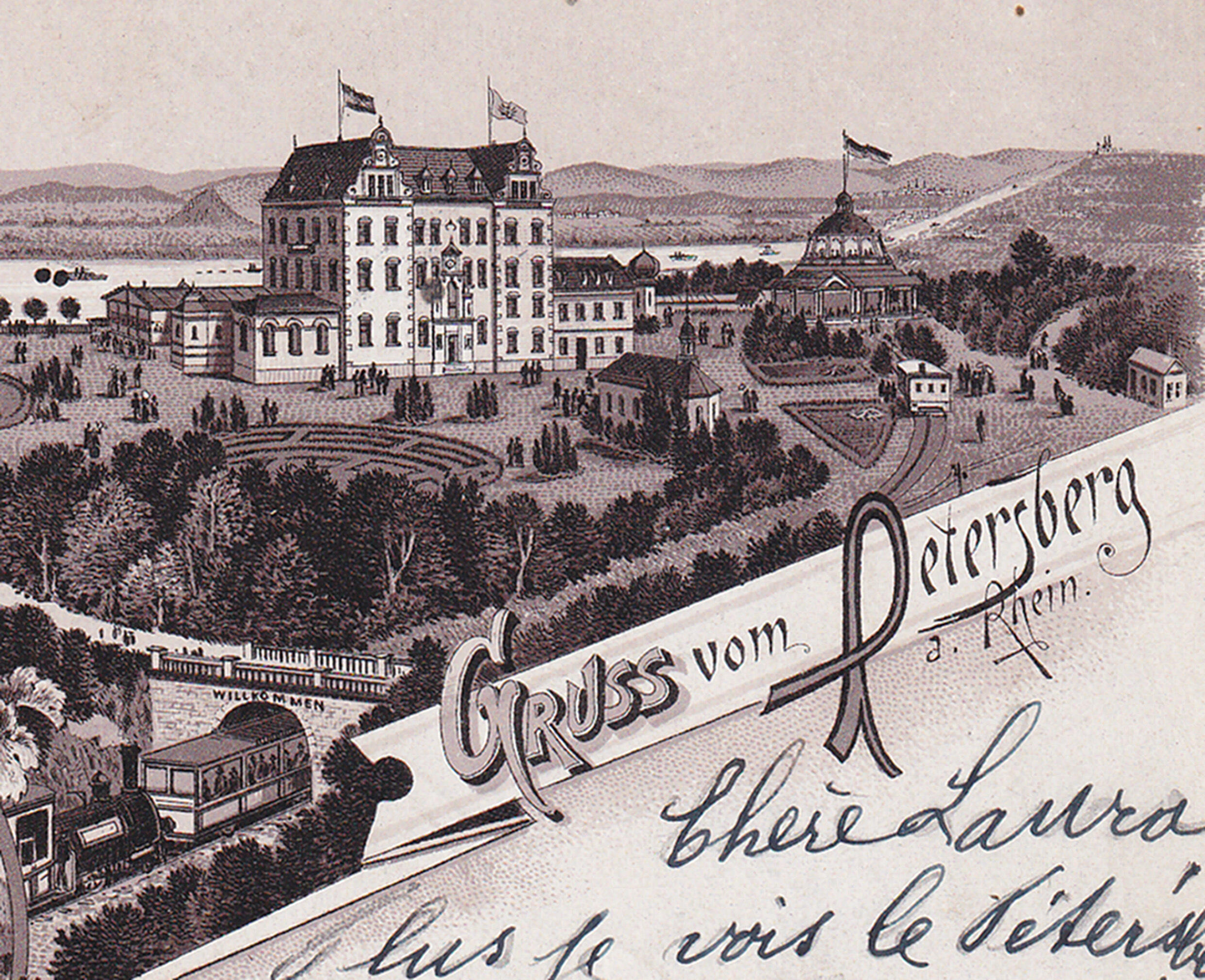 Postkartenausschnitt: HOTEL DER FAMILIE NELLES AUF DEM PETERSBERG Das zwischen 1889 und 1891 erbaute Hotel der Witwe von Peter Joseph Nelles und ihres Sohnes Paul Nelles konnte die Erwartungen nicht erfüllen und geriet 1906 unter Zwangsverwaltung.