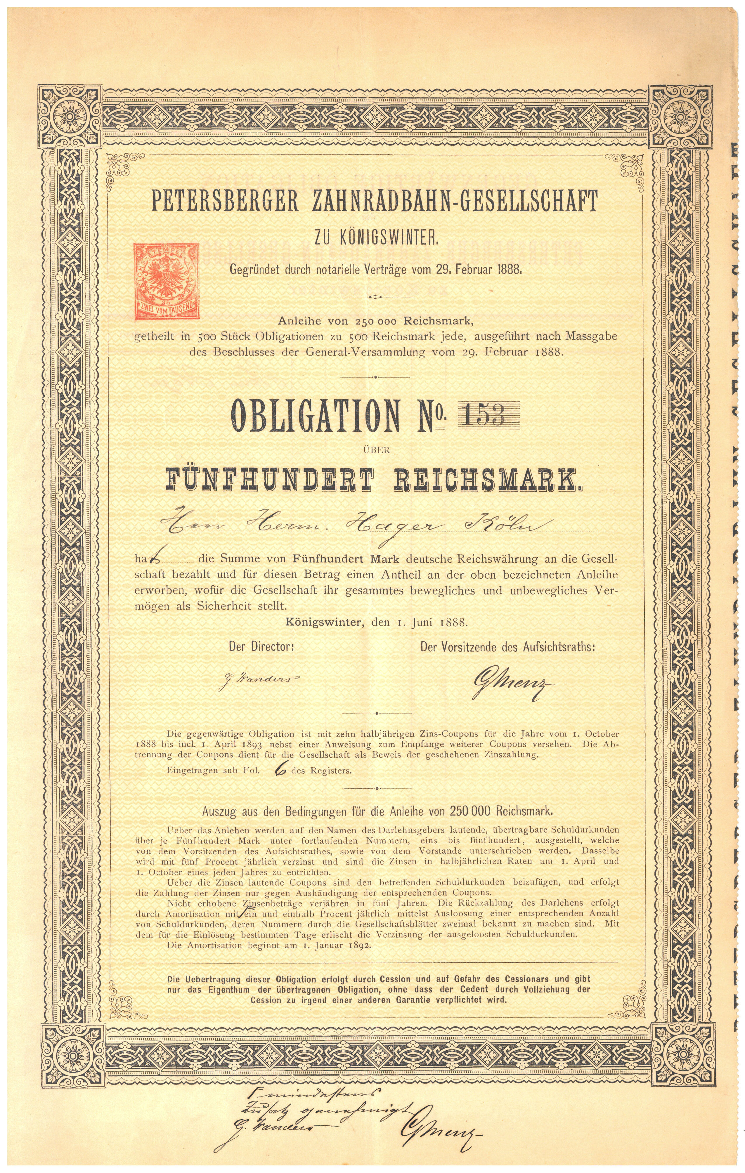 OBLIGATIONSSCHEIN (1888) Um den Bau und den Betrieb der Petersbergbahn zu ermöglichen, gab die Petersberger Zahnradbahn-Gesellschaft Schuldscheine heraus, deren Rückzahlungen die Bilanzen belasteten.