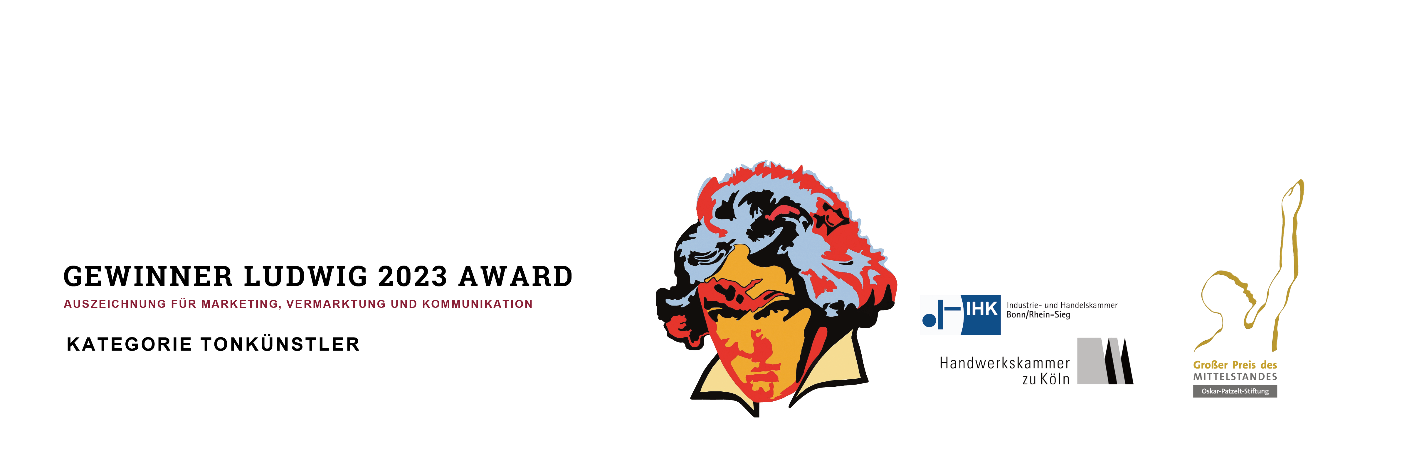Das Logo des Ludwig 2023 Wettbewerb Gewinner Tonkünstlers. Industrie- und Handelskammer Bonn/Rhein-Sieg, Handwerkskammer zu Köln und großer Preis des Mittelstandes Oskar-Patzel-Stiftung, Drachenfelsbahn