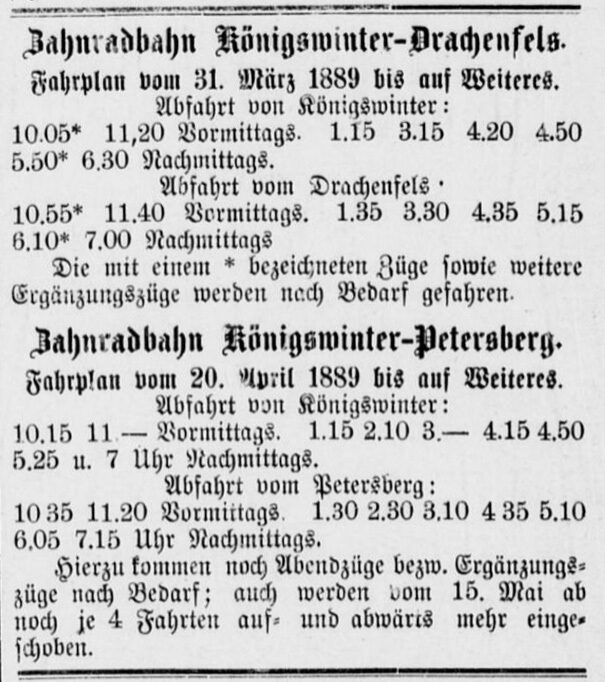 ANZEIGE (1889) Fahrplan der beiden Bergbahnen in der Lokalzeitung „Echo des Siebengebirges“ vom 24. April 1889.